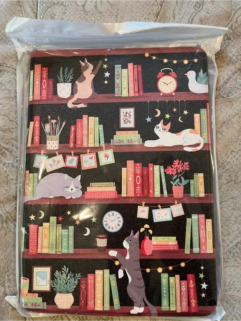 Whimsical Cats & Books Tablet Sleeve in Black and Multicolor
